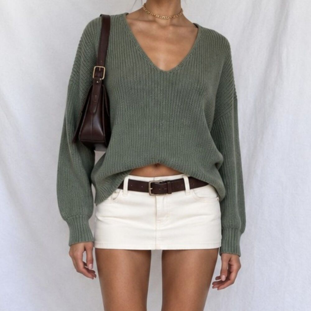 Vintage Y2K Camo Green V-Neck Long Puffy Sleeve Knit Oversized Sweater Size S/M
